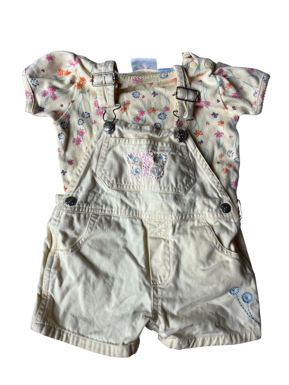VINTAGE 90S MINIWEAR YELLOW 2 PIECE OVERALL SHORTS SET 6/9 MO COTTON